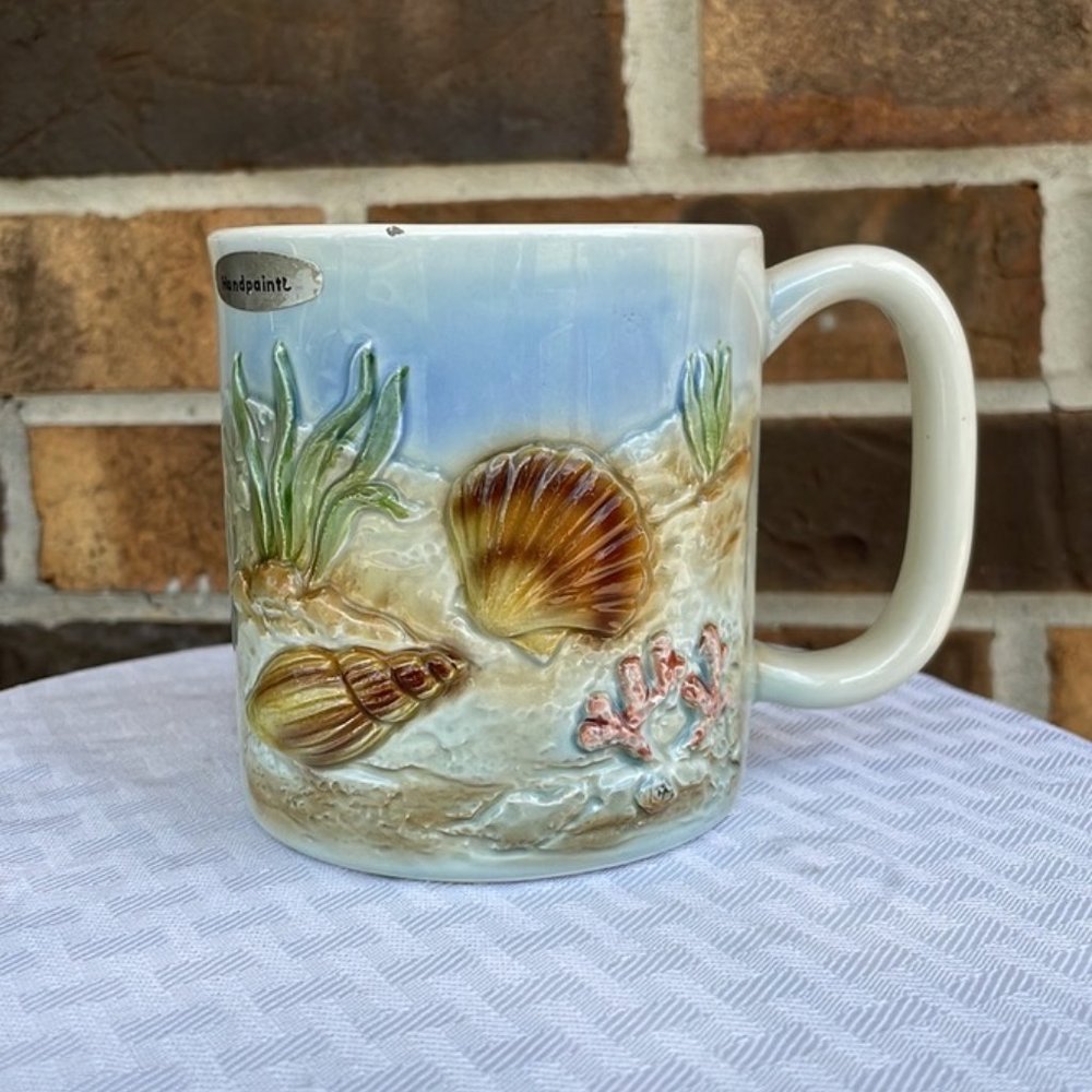 White Hand Painted Sea Shell Coffee Cup.